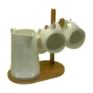 Ceramic Coffee Set With Bamboo Rack/ Drink Set Tea Cups & Pot Set