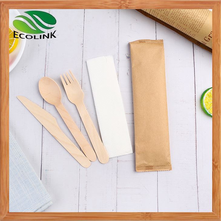 Disposable Bamboo Wooden Cutlery Set With Napkin