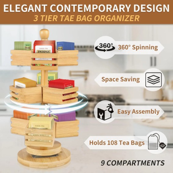 3 Tier Stackable Tea Bag Storage Holder Spinning Carousel factory