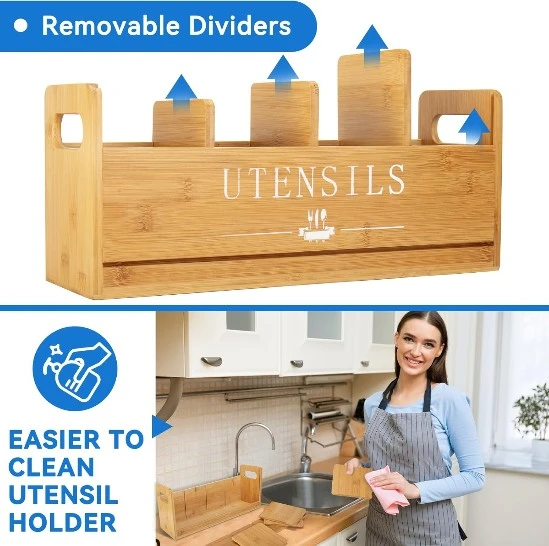 Bamboo 4 Sections Kitchen Utensil Holder