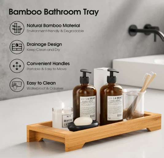 Bamboo Bathroom Storage Vanity Organizer Countertop Tray