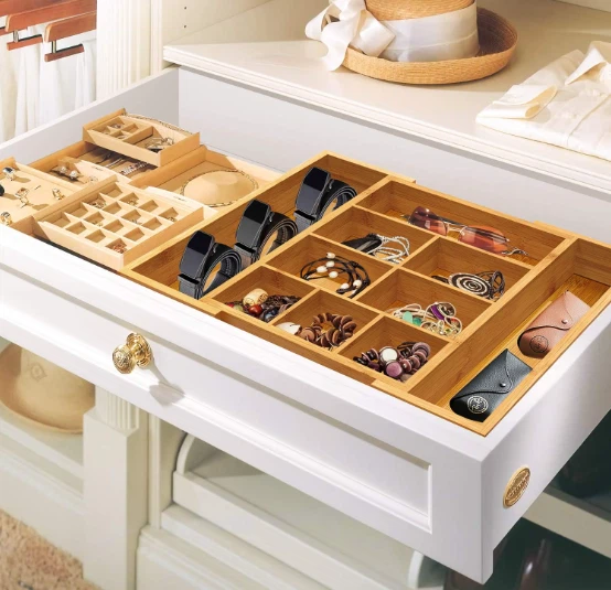 Bamboo Expandable Silverware Drawer Organizer With Removable Divider