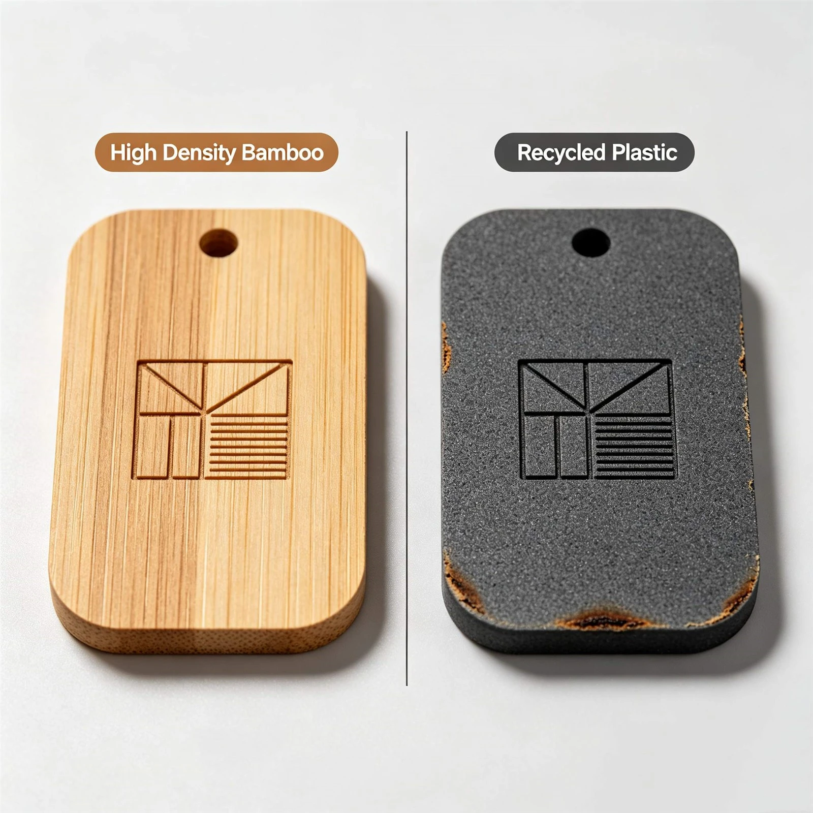 High density bamboo vs recycled plastic laser engraving for custom promotional gifts High density bamboo vs recycled plastic laser engraving for custom promotional gifts
