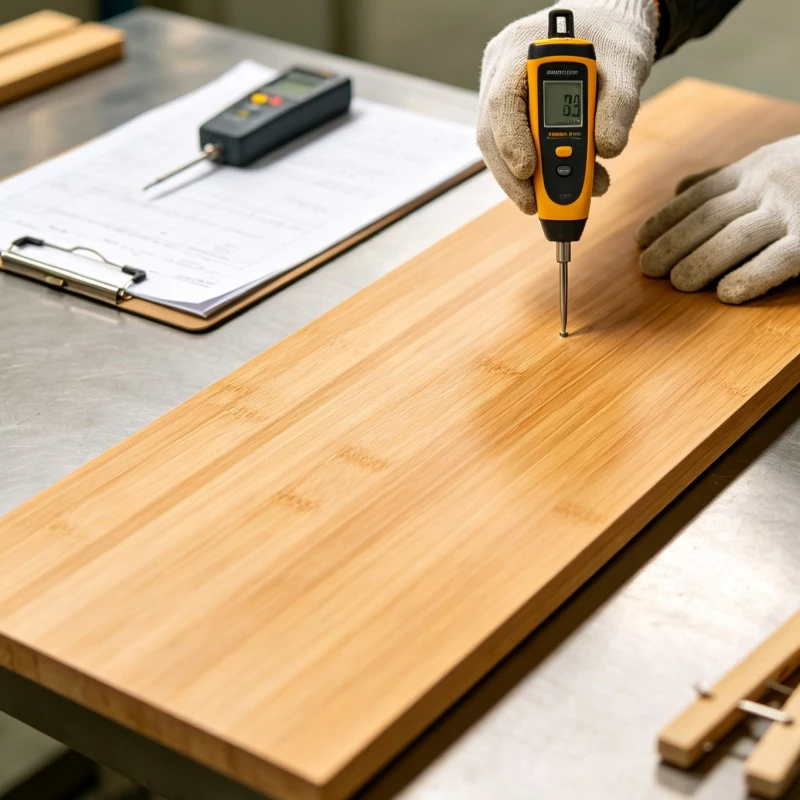 Calibrated pin‑type moisture meter testing carbonized bamboo coat‑rack panel Calibrated pin‑type moisture meter testing carbonized bamboo coat‑rack panel
